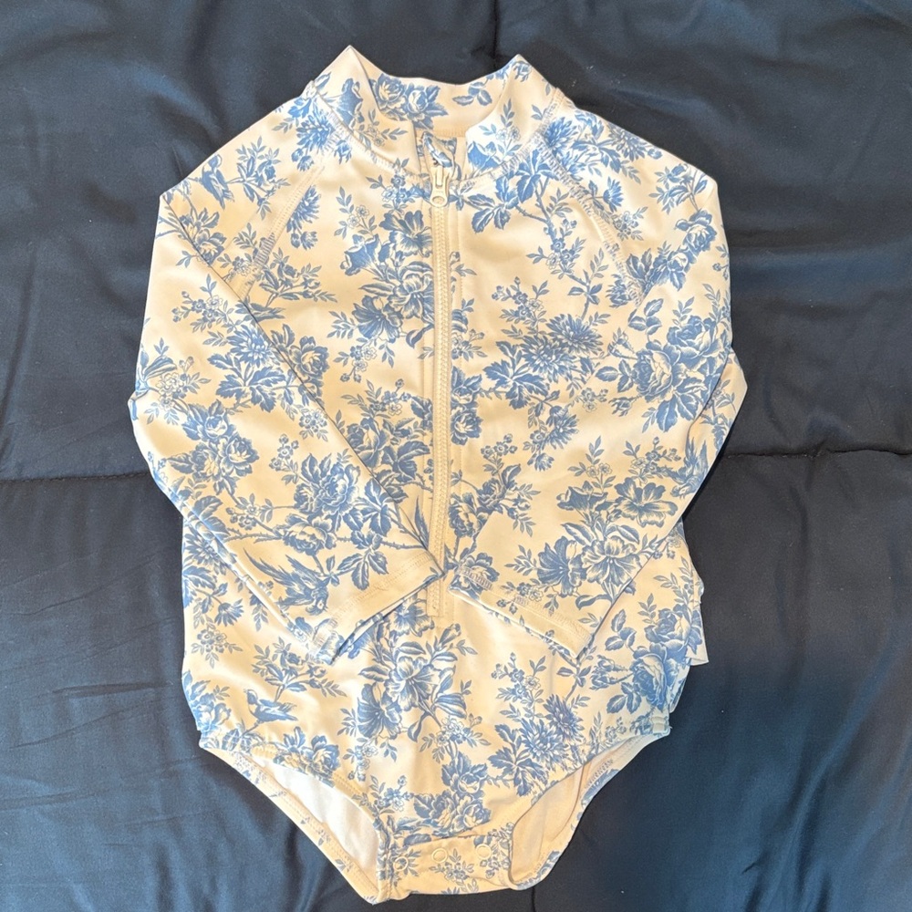 Janie and Jack Cream and Blue Floral Bathing suit rash guard
